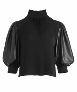 Alice + Olivia Carmina Faux Leather Puff-Sleeves Top