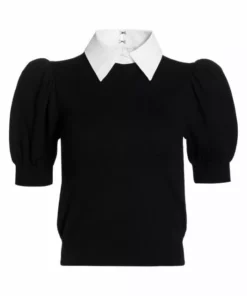 Alice + Olivia Chase Puff-Sleeve Sweater Black White