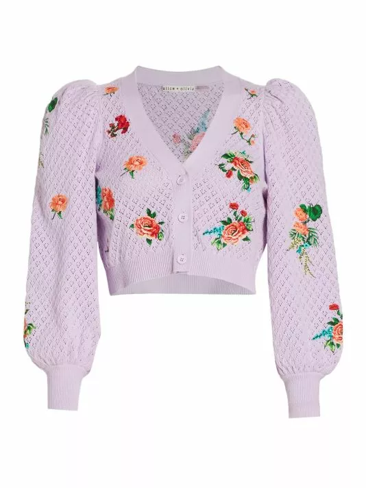 Alice + Olivia Morita Puff-Sleeve Cropped Cardigan 1 Alice + Olivia Morita Puff-Sleeve Cropped Cardigan