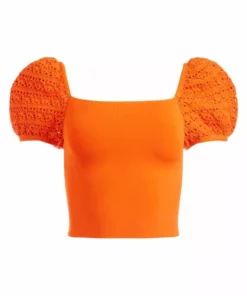 Alice + Olivia Caley Crochet Puff-Sleeve Top Soft White