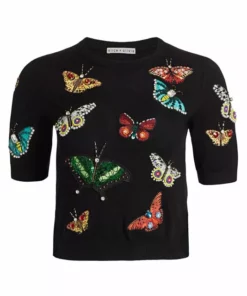 Alice + Olivia Ciara Butterfly Embroidery Stretch-Wool Pullover